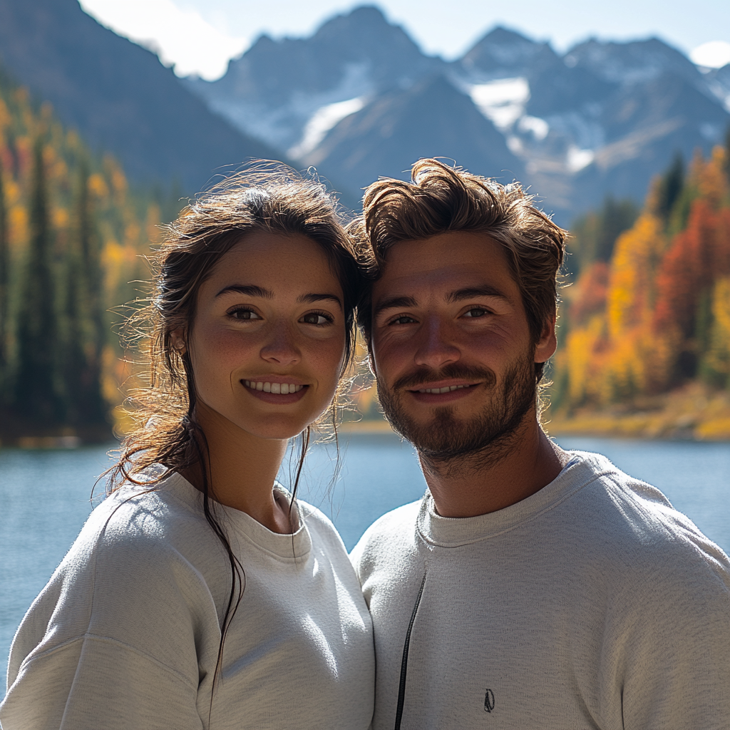 Man and woman smiling with mountains and lake behind.