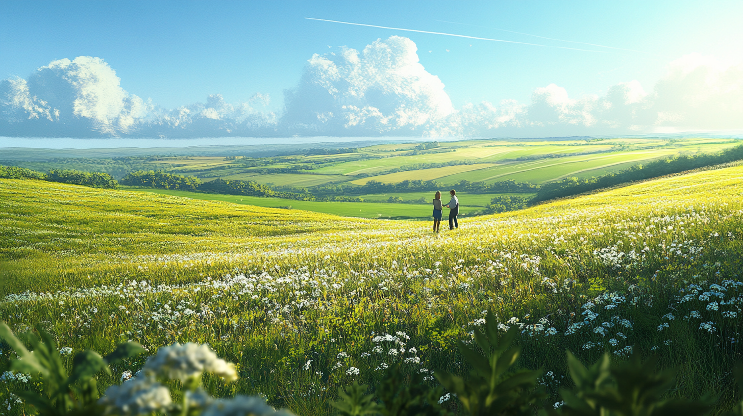 Man and woman standing in a field talking. Peaceful countryside.