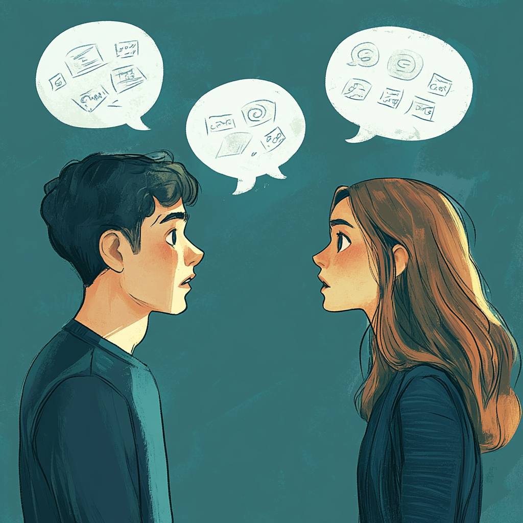 Man and woman talking with symbols in word balloons