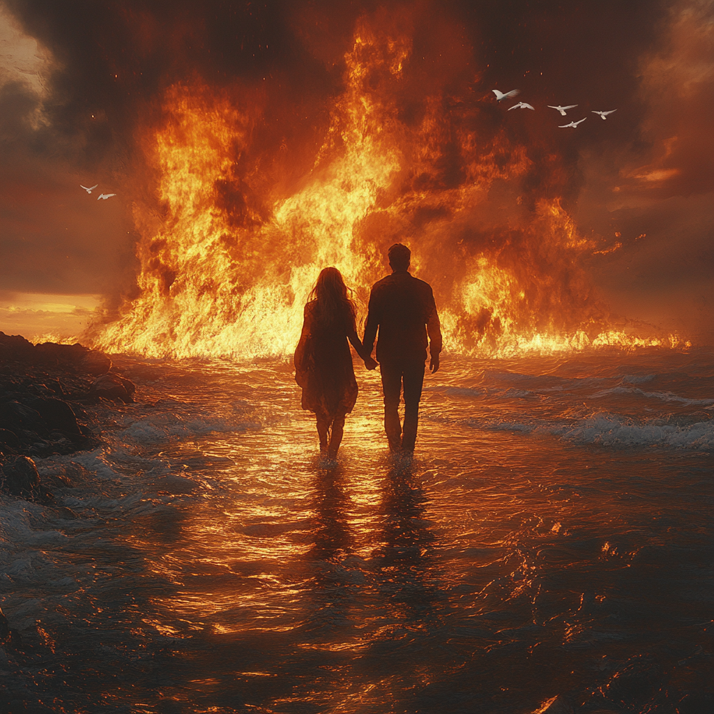 Man and woman walk towards fire on sea.