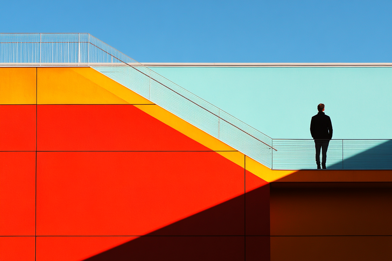 Man appears small in colorful Barhaus building photograph.