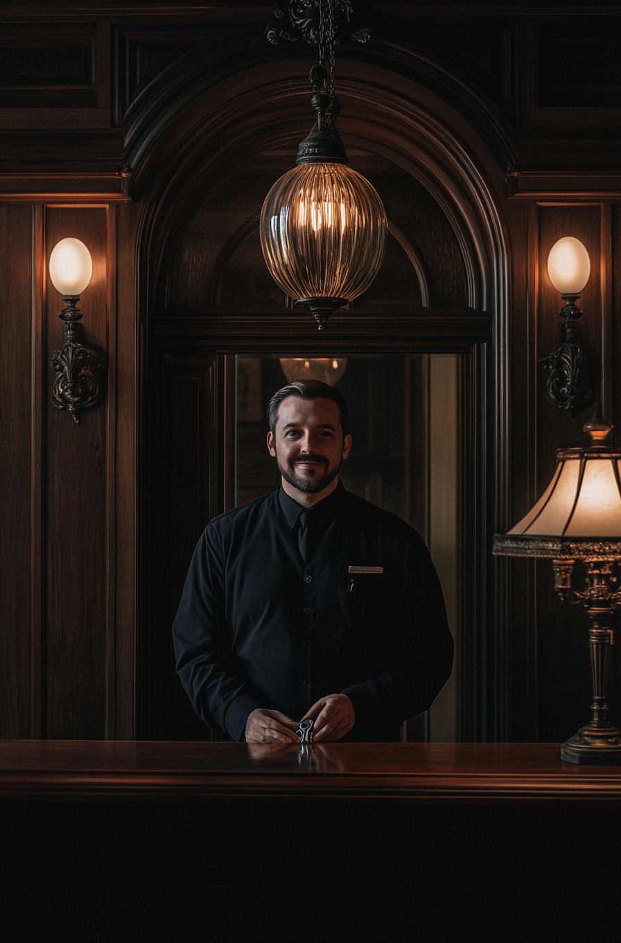 Man at dimly lit hotel desk with vintage aesthetic.