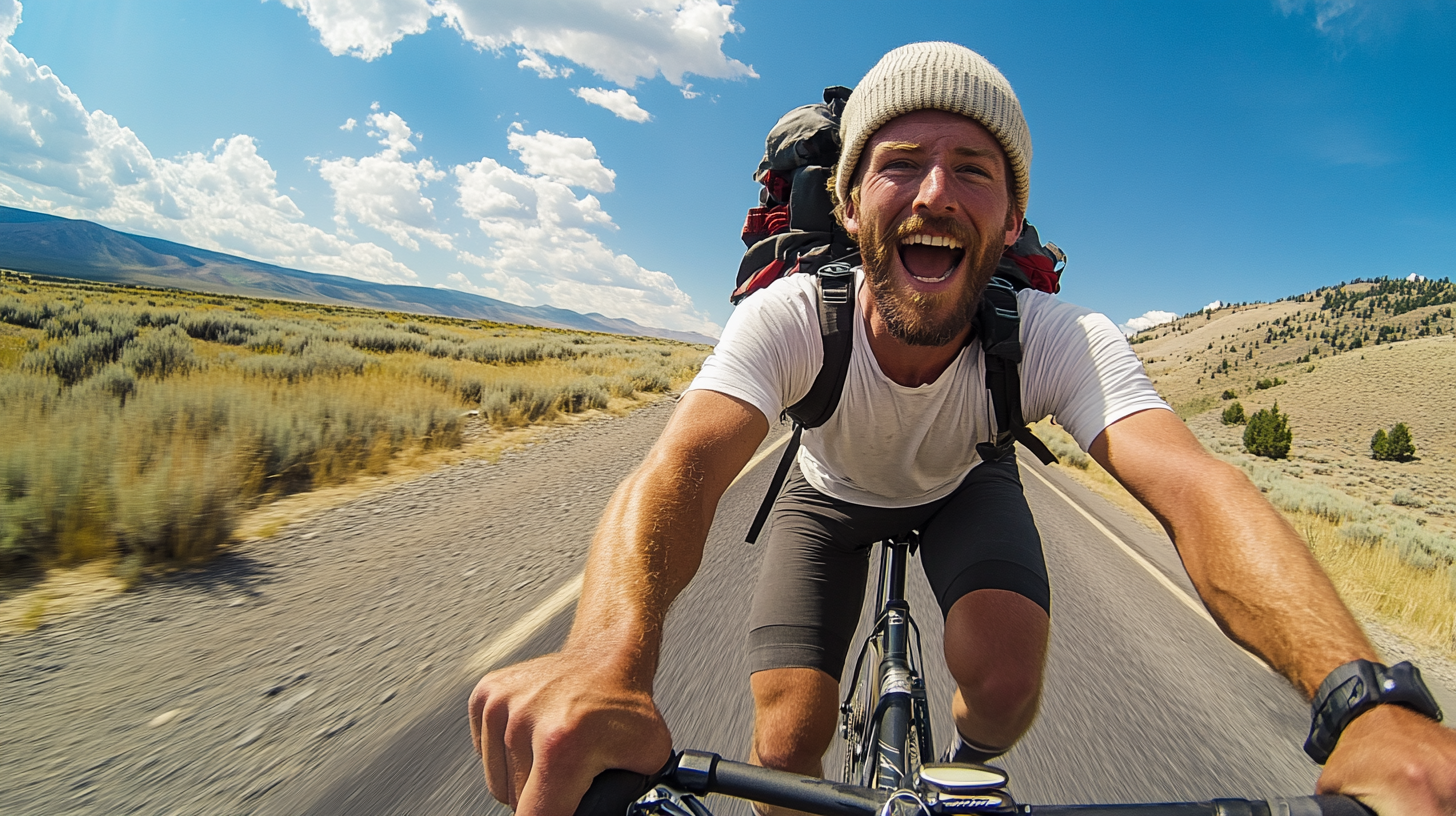 Man biking in race with determined expression and energy.