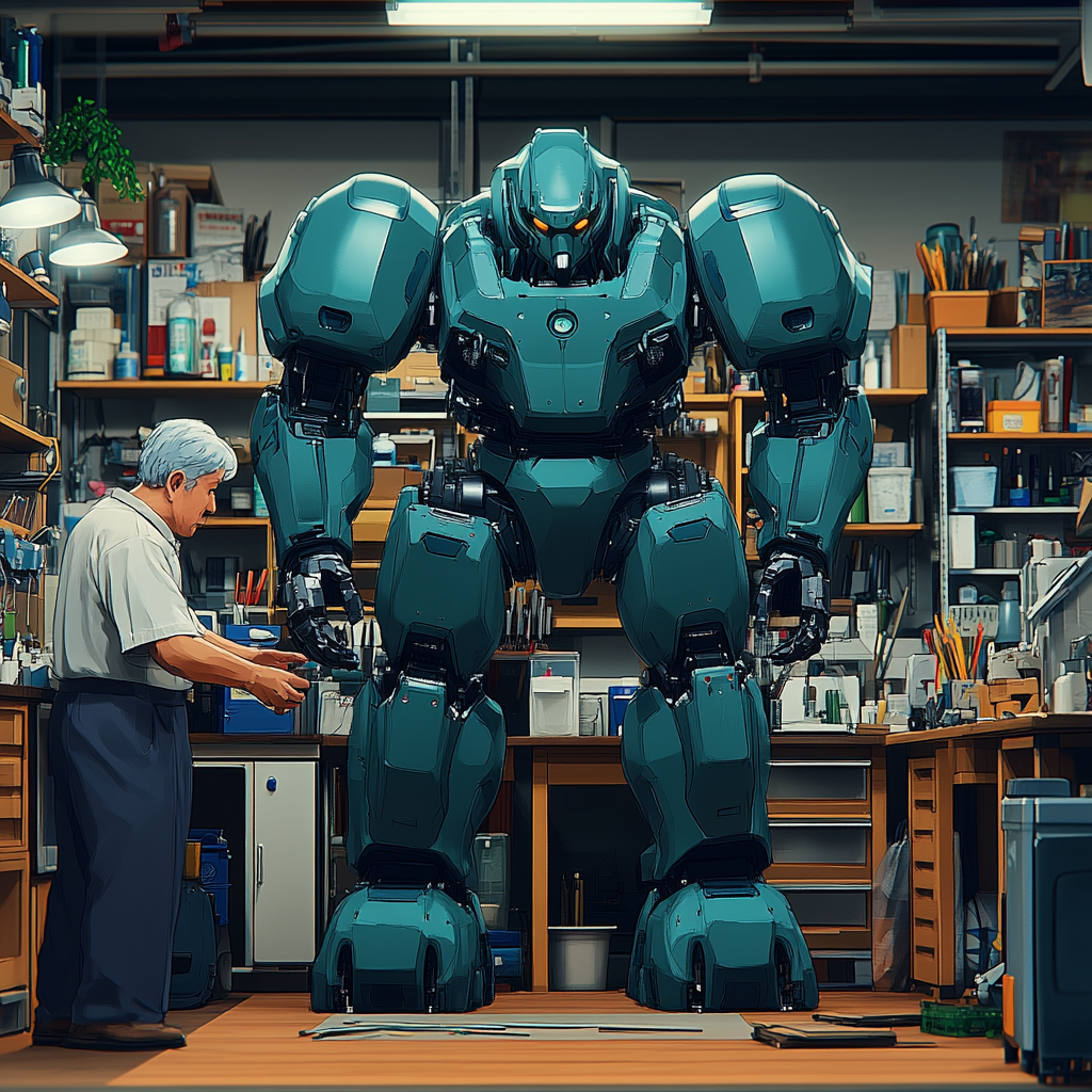 Man building futuristic machines in old workshop scene.