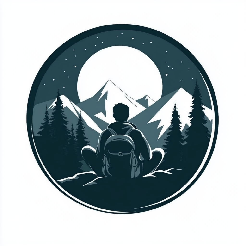 Man camping under moonlight, surrounded by mountains and trees.