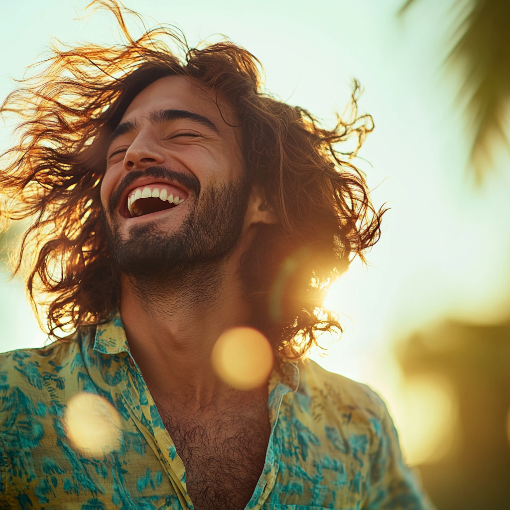 Man celebrating, running hands through healthy, shiny hair.