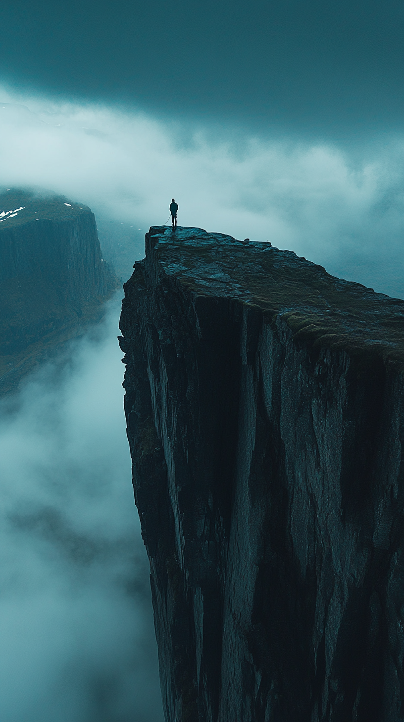 Man climbing cliffs in Norway at night, mist clouds.