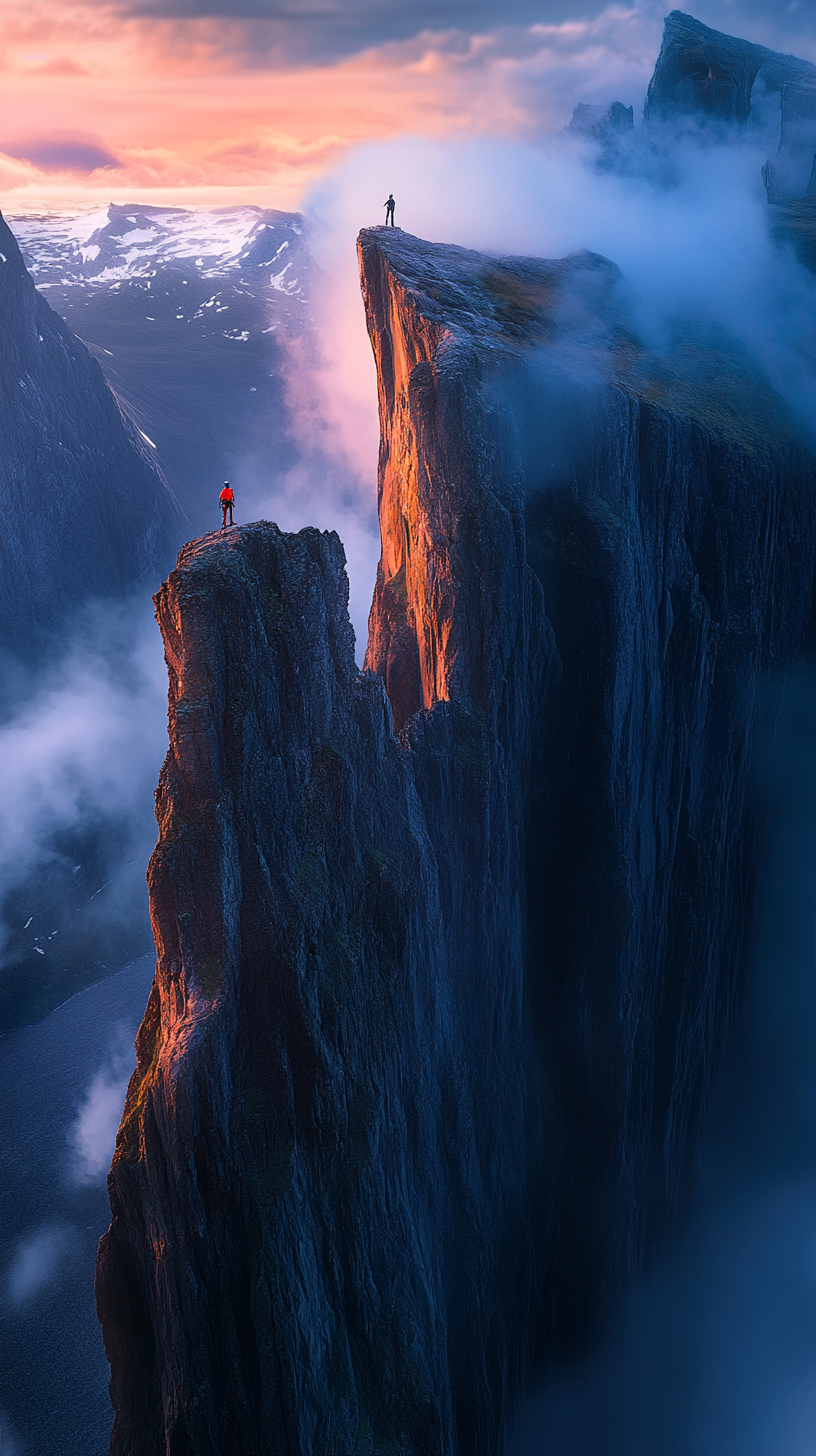 Man climbing cliffs in Norway with mist clouds above.