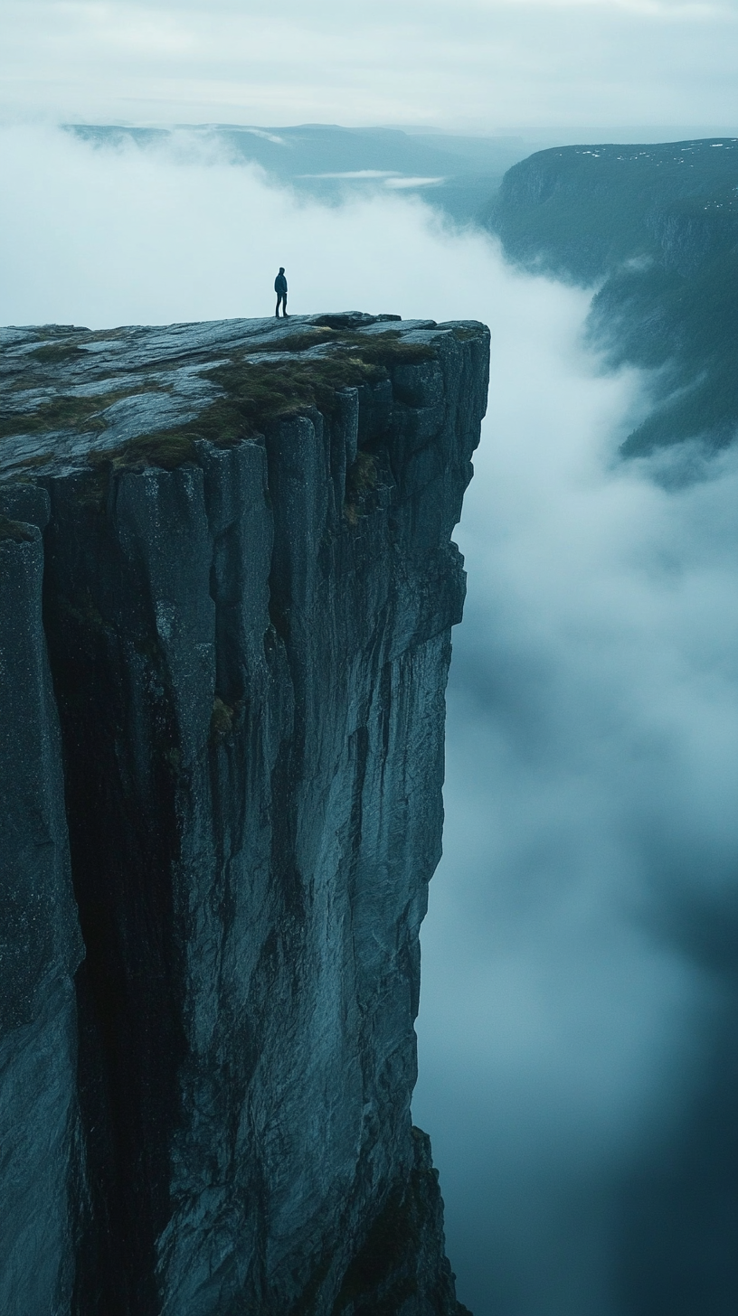 Man climbing cliffs in misty Norway at night.