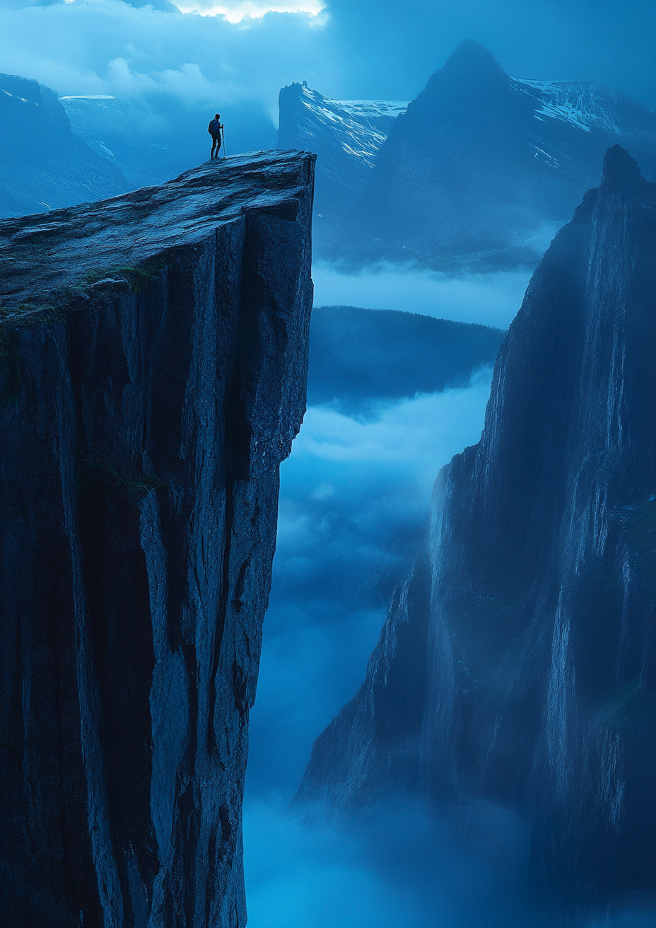 Man climbing cliffs of Norway at night in mist.