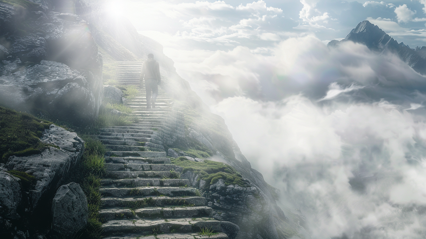 Man climbing endless stone steps in misty mountain landscape.