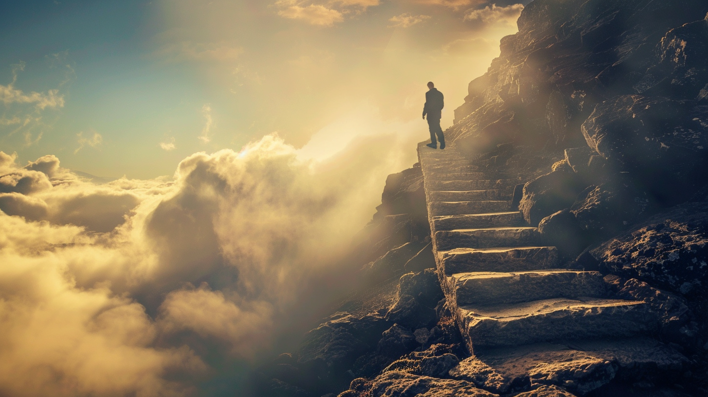 Man climbing infinite staircase up mountain, dramatic shadows, hd quality.