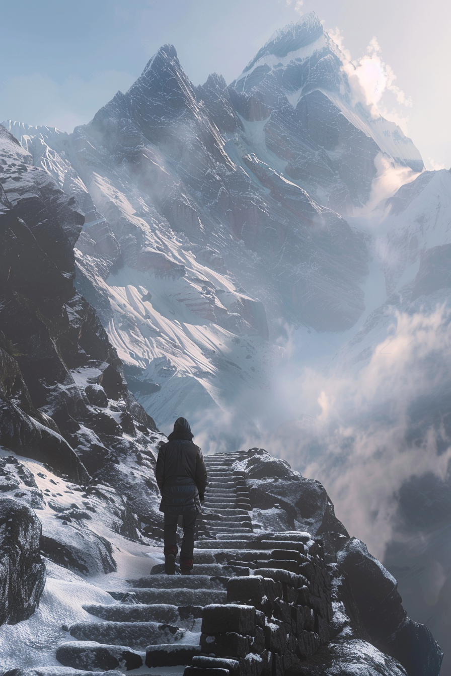 Man climbing snowy mountain staircase, misty distant goal hidden.