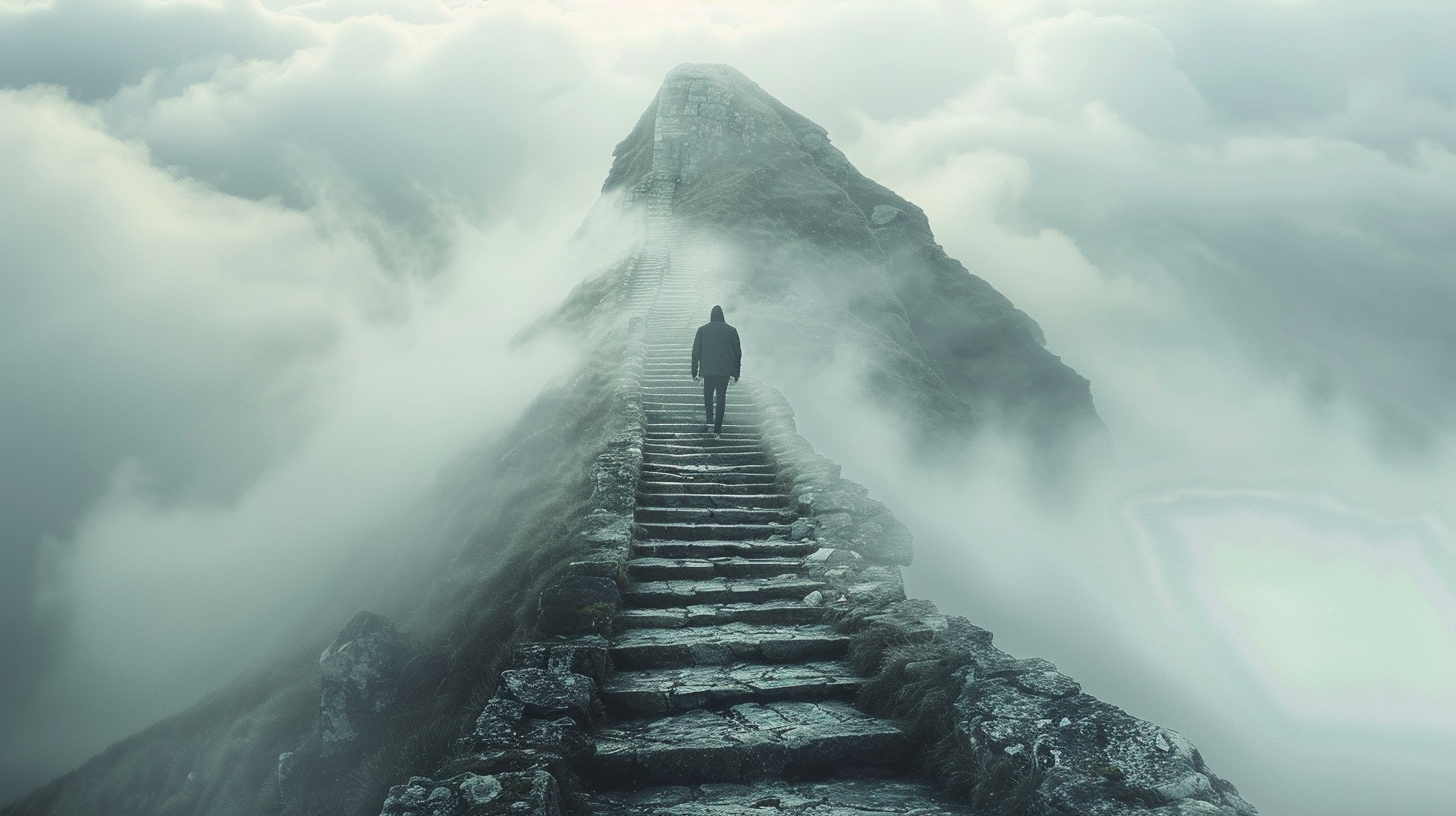 Man climbing steep stone staircase on mountain. Morning shadows highlight difficulty.