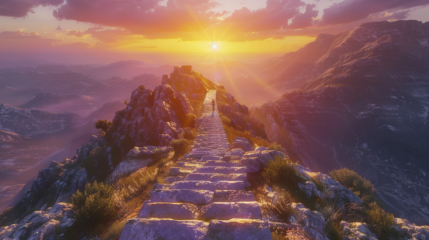 Man climbing stone staircase on mountain at sunset.