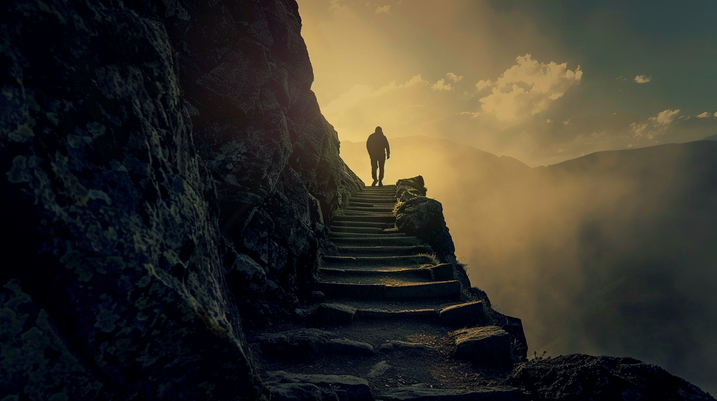 Man climbs steep mountain staircase, challenging terrain, harsh lighting.