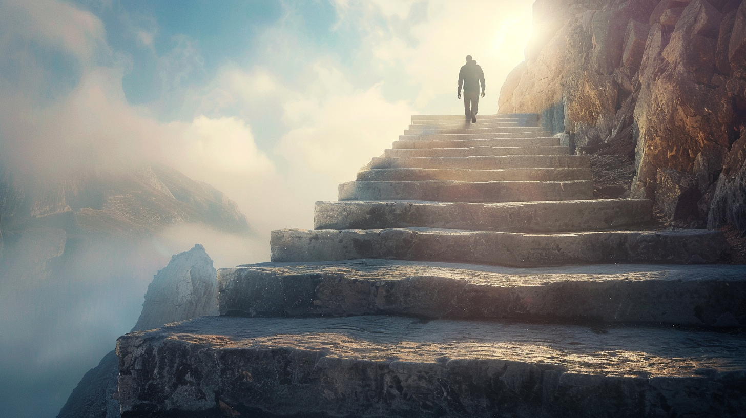 Man climbs stone steps with long shadows, misty sky.