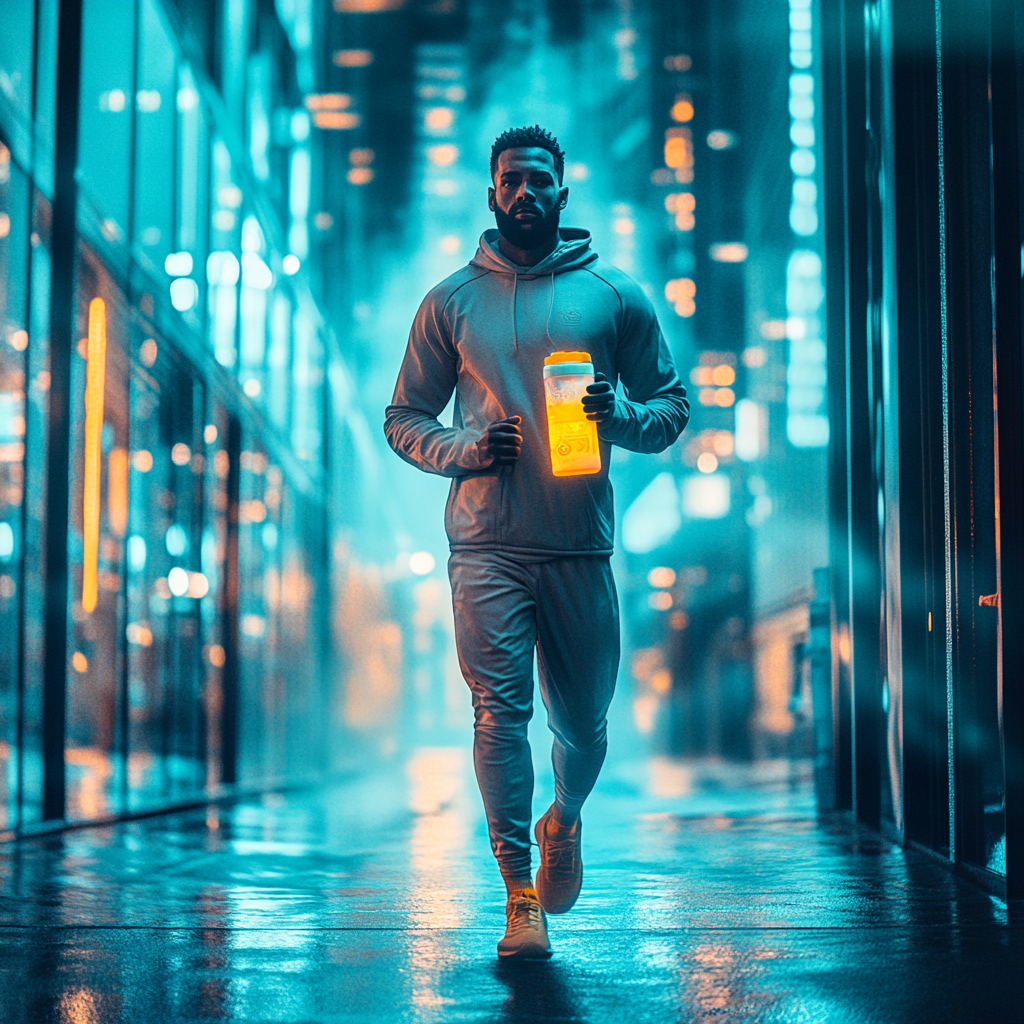 Man confidently walking in city with vibrant smoothie bottle.