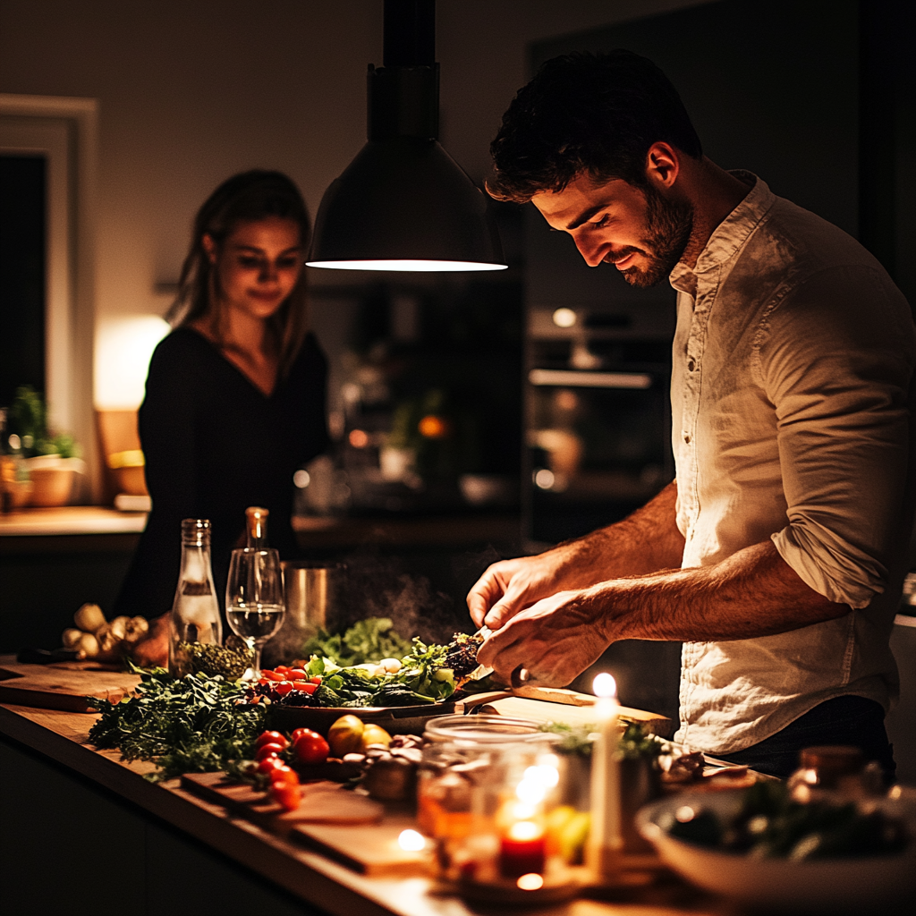 Man cooking in stylish kitchen with partner nearby.