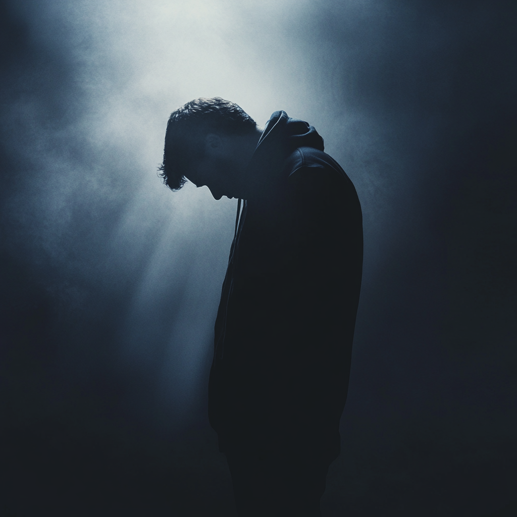 Man cries in dark with silhouette and aura.