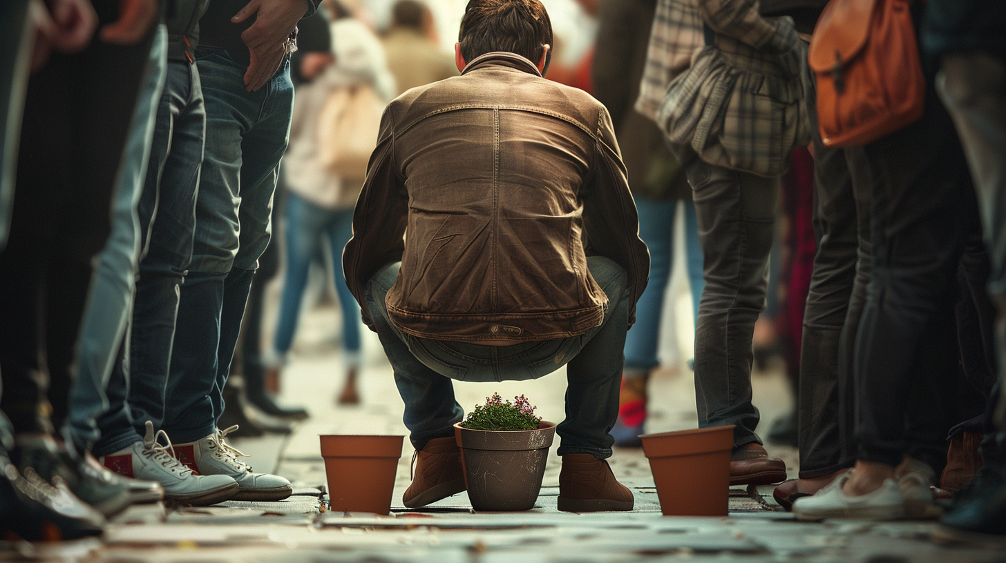 Man crouching, empty flower pot, people turning away.