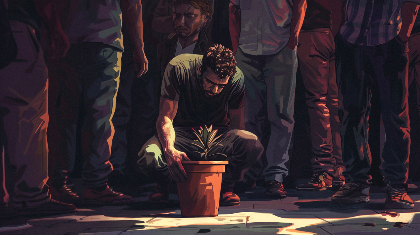 Man crouching with empty flower pot, people ignoring him.