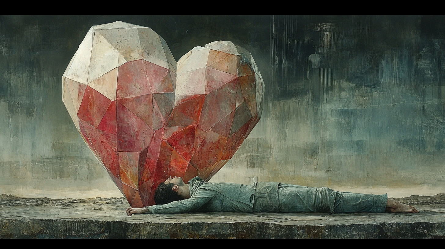 Man crushed by heart sculpture, symbolizing emotional pressure surrealistically.