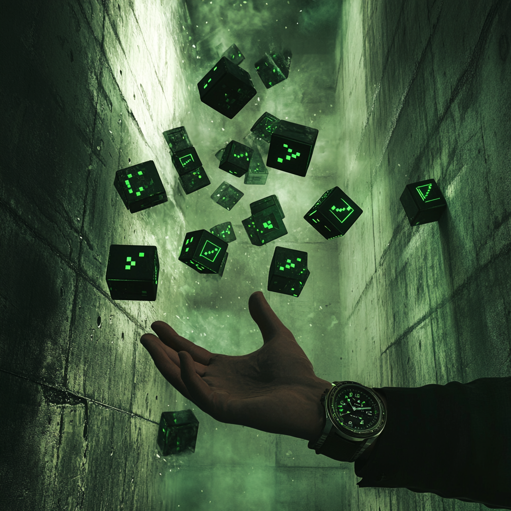 Man dropping green checkered cubes in dark room