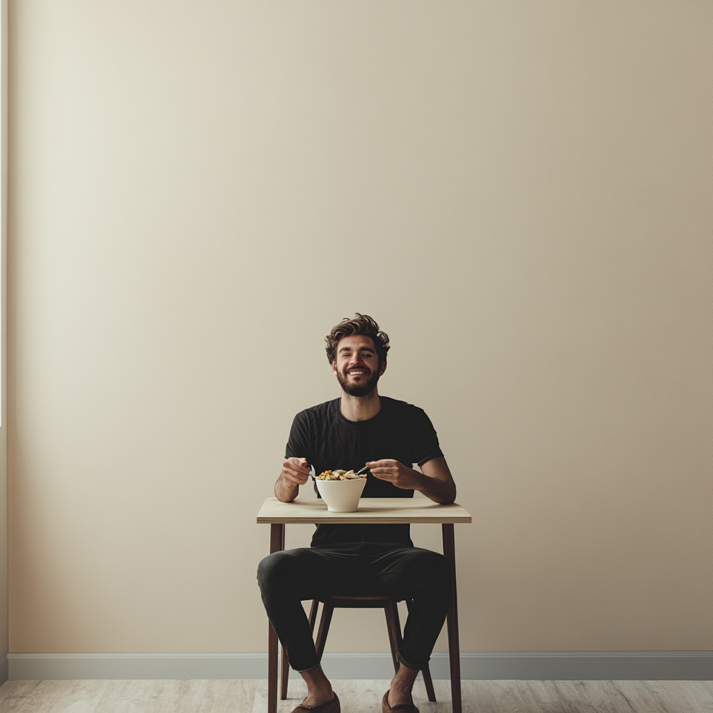 Man eating happily at table in cream-colored room.