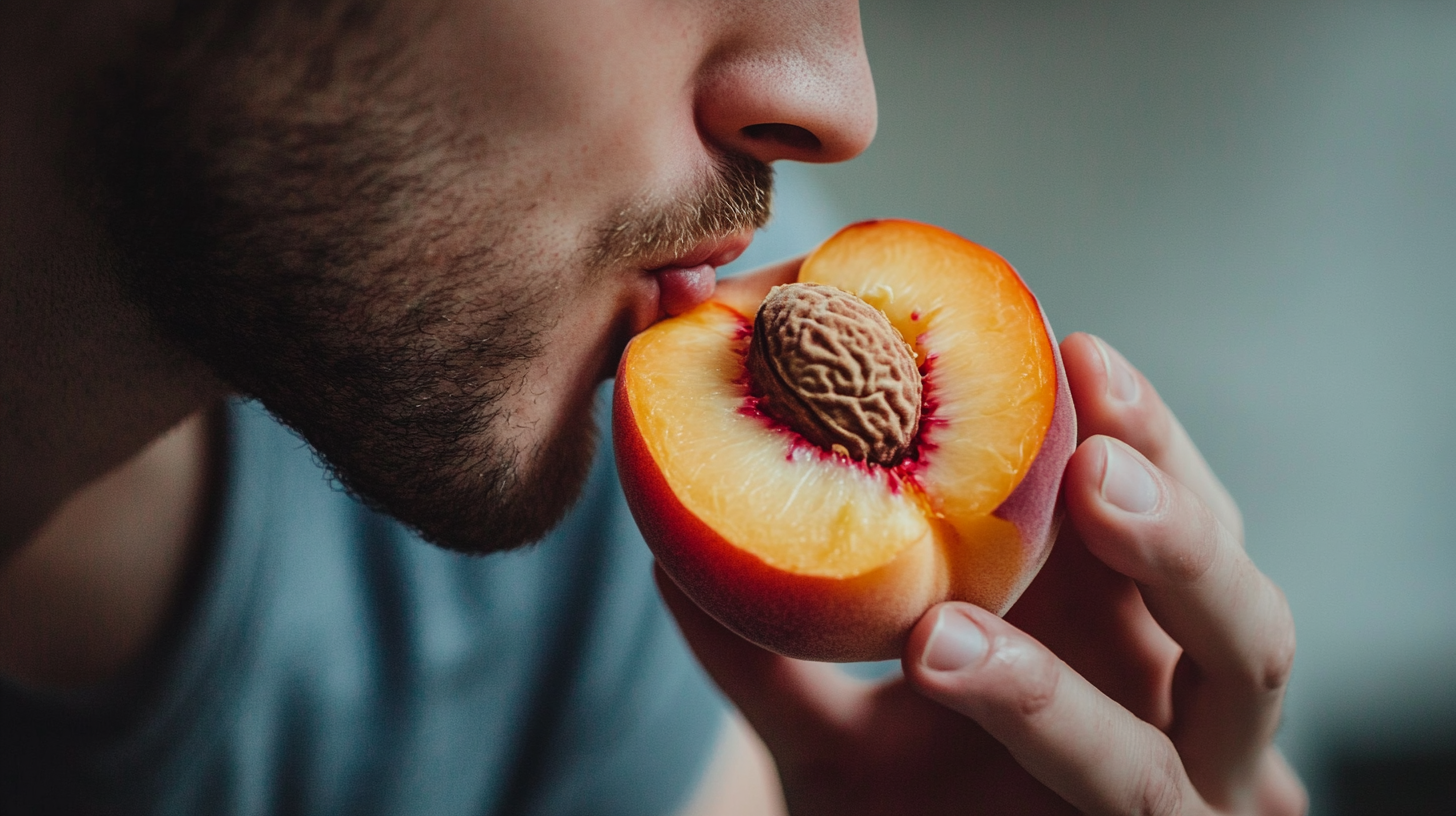 Man eating peach, pit visible, bright natural light.