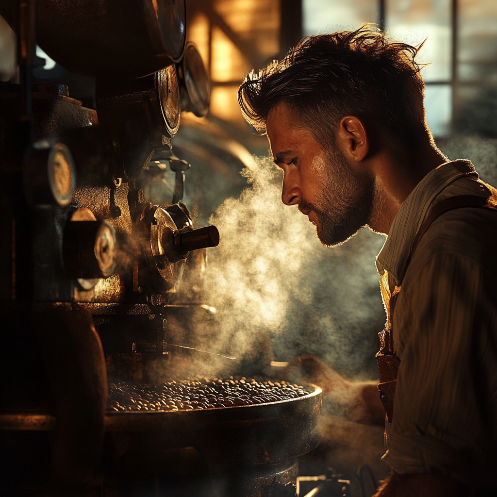 Man enjoys coffee roast, inhaling aroma, near roaster