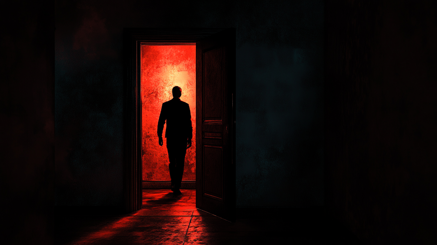 Man enters door into light within dark, red realism.