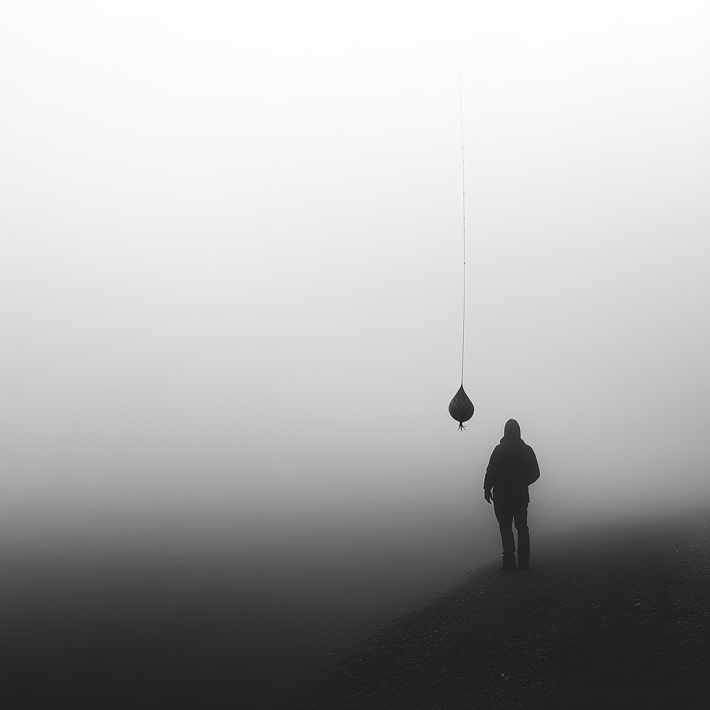 Man fishing on foggy morning beach