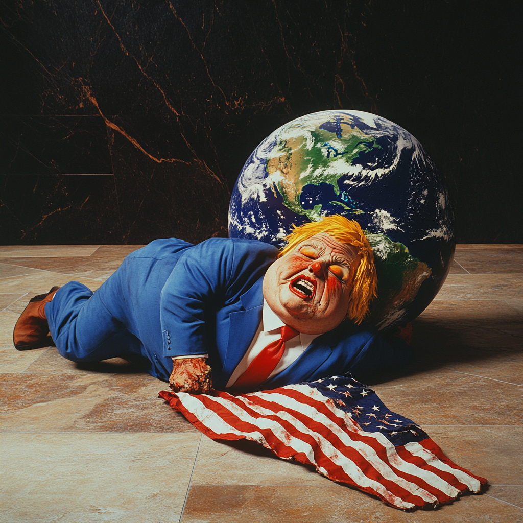 Man flattened by earth globe, American flag nearby.