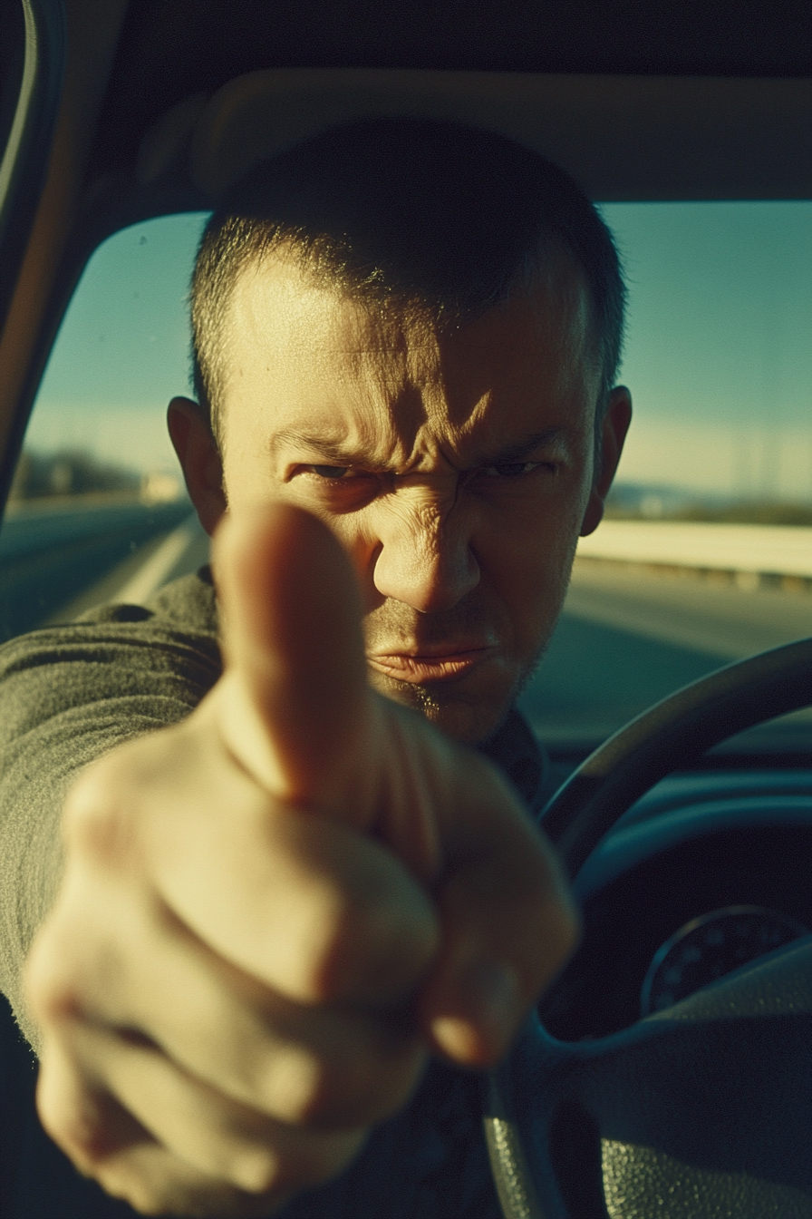 Man flips off camera on highway, realistic cinematography.