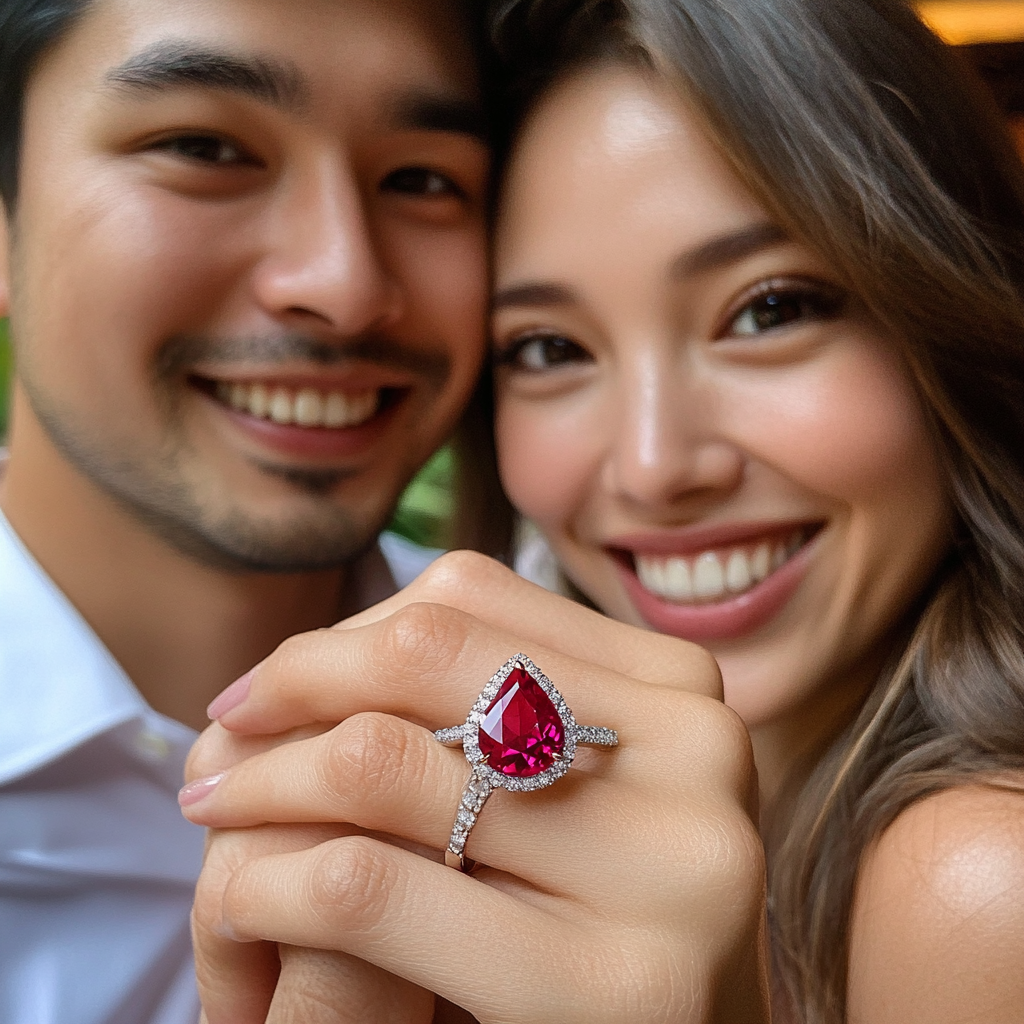 Man gives woman shiny red ruby ring