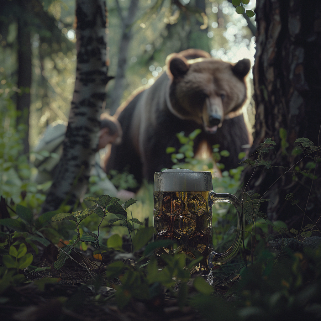 Man hiding behind bush, large bear, mug of beer.