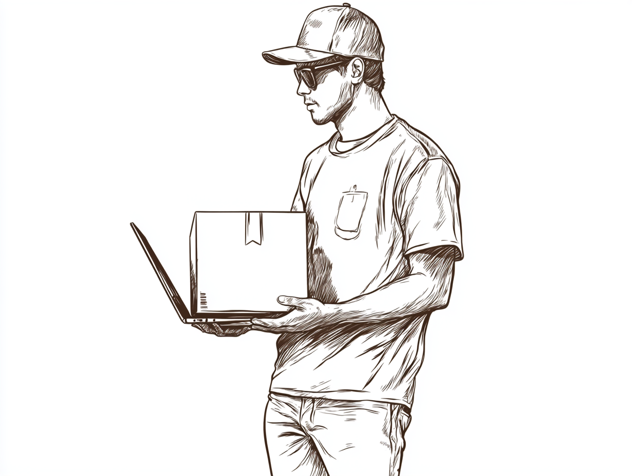 Man holding box and laptop in black white.