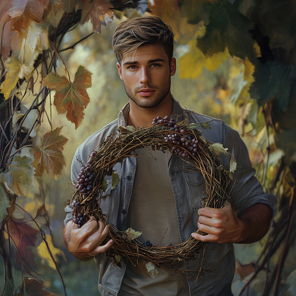 Man holds grapevine wreath outdoors in the fall.