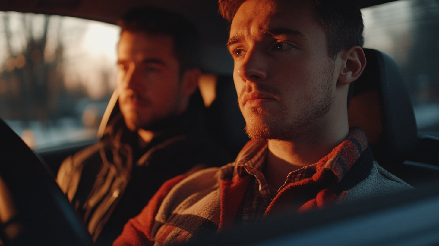 Man in 20s and instructor in driving school car.