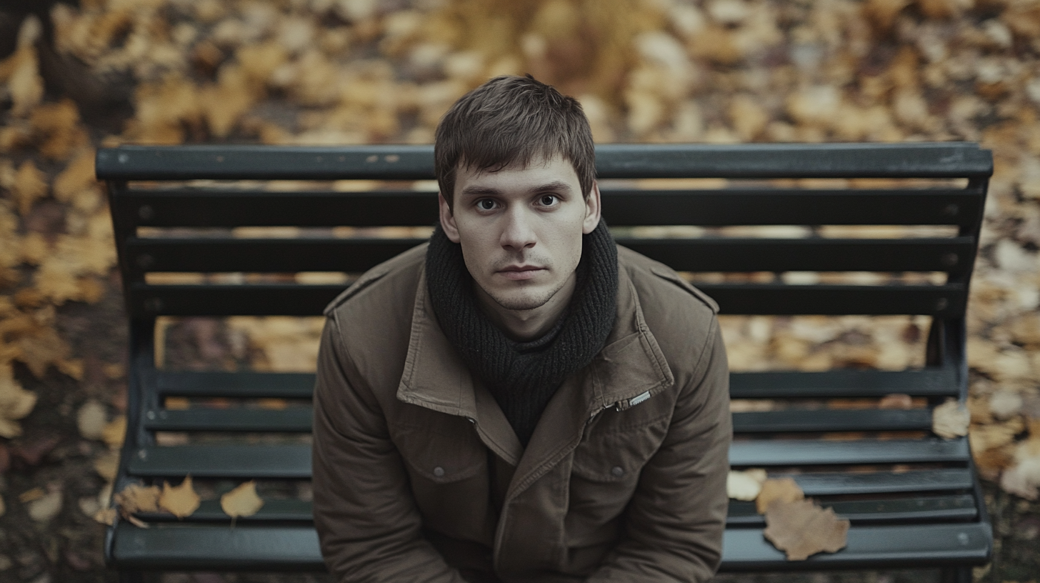 Man in 30s in park bench, Estonia 90s.