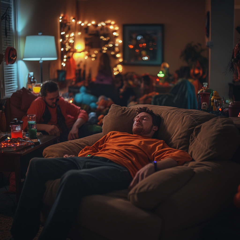 Man in Halloween costume passes out at party