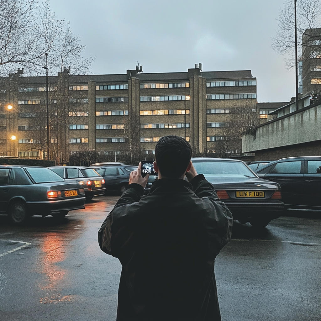 Man in London parking lot takes car plate photo.