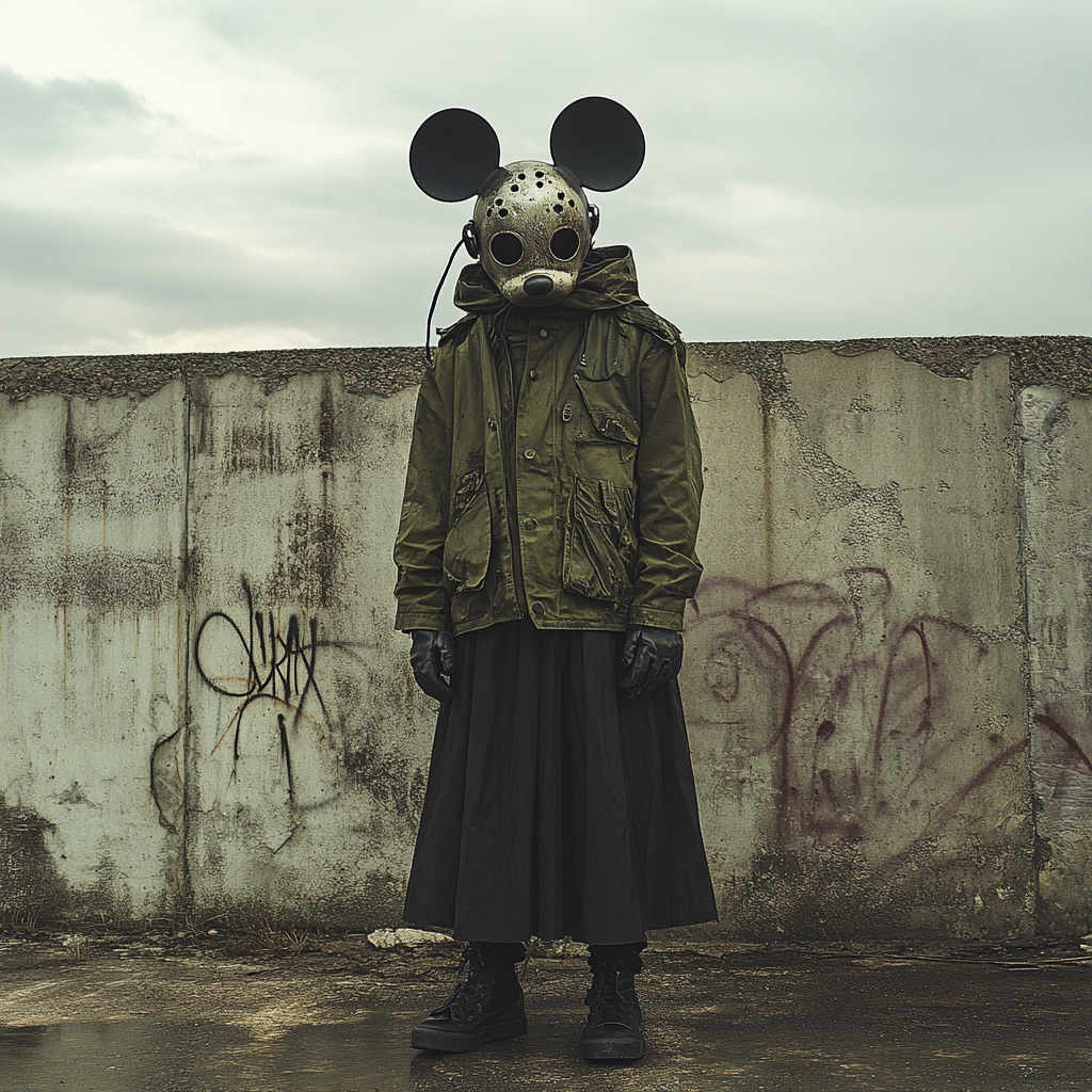 Man in Mickey Mask with Green Jacket on Rainy Day.