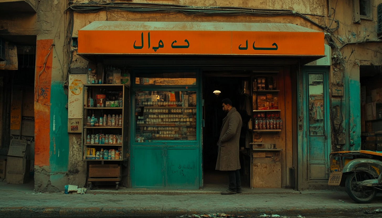 Man in Middle Eastern Setting, Storefront, Movie Aesthetics