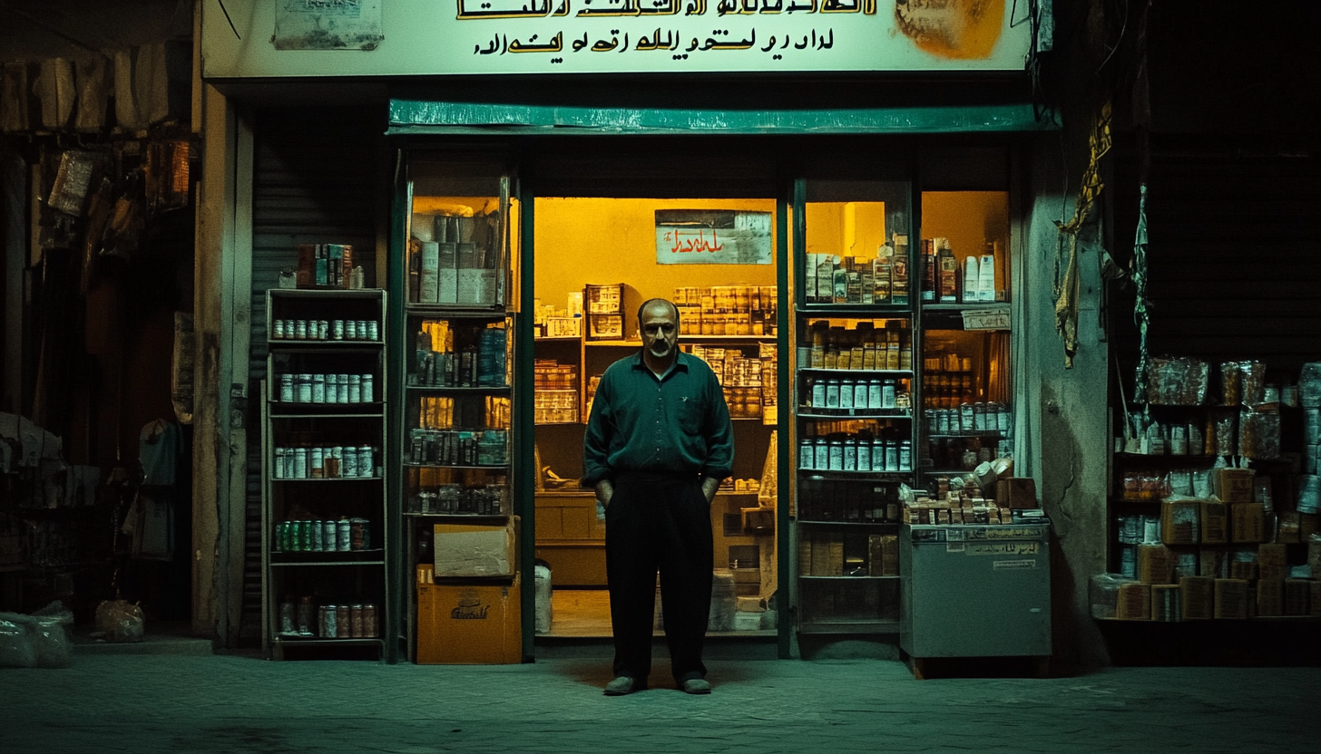 Man in Middle Eastern Store Setting, Cinematic Lighting