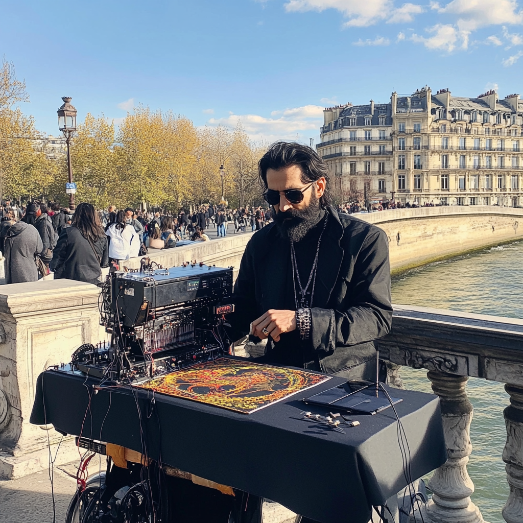 Man in Paris on bridge doing embroidery show.