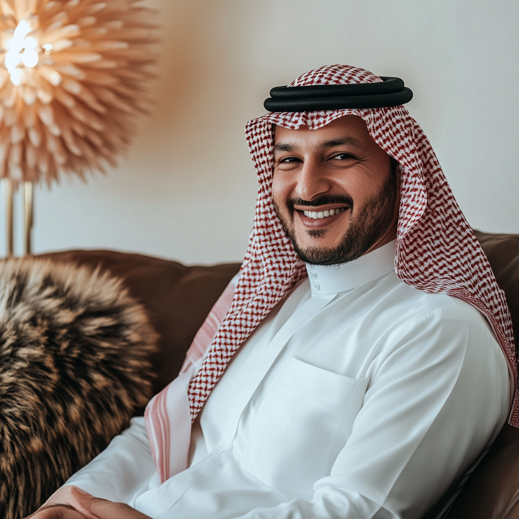 Man in Saudi attire seated on leather sofa smiling.