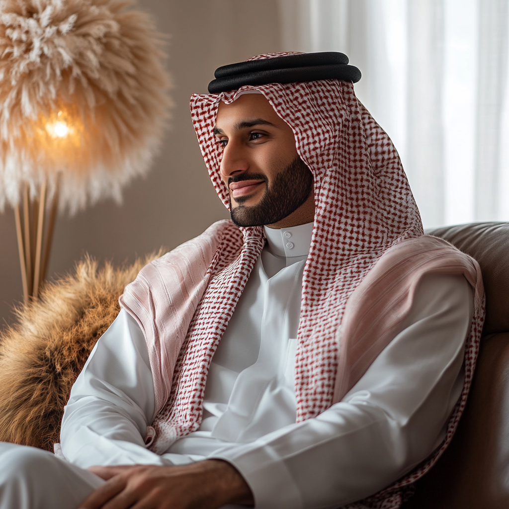 Man in Saudi attire smiling on brown leather sofa.