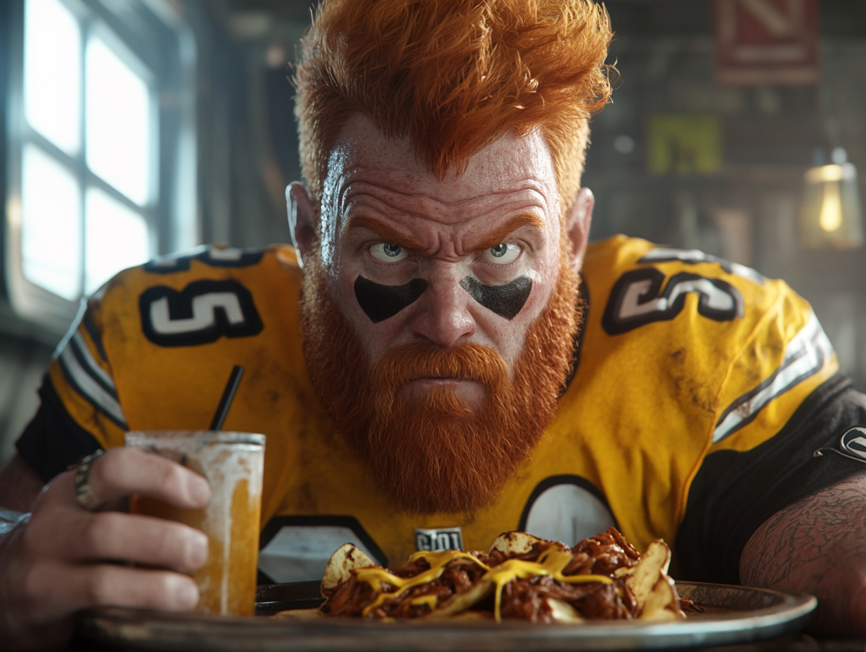 Man in Steelers jersey with beard eating nachos angrily.